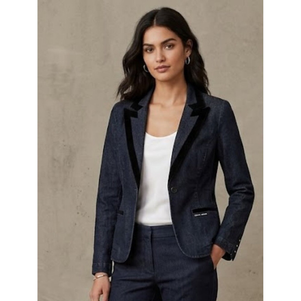 DKNY Jeans Blazer Coat Jacket Jean Black Trim Sz S